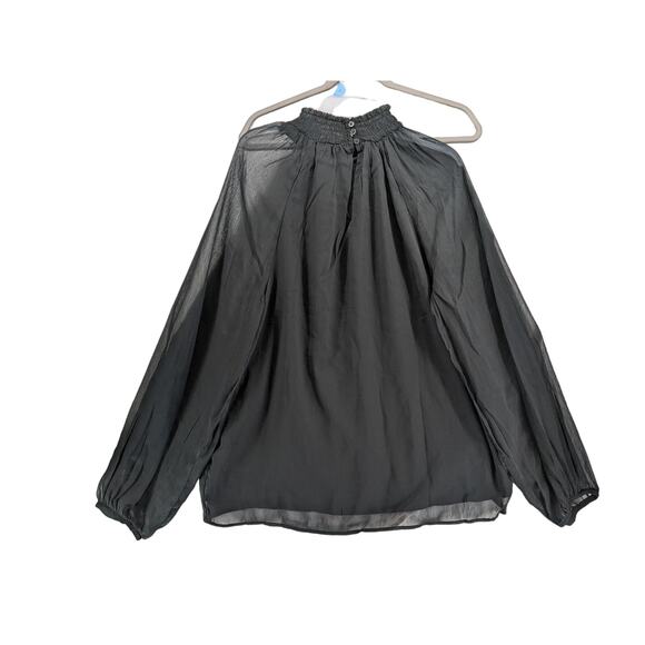 Joie Smocked Top S Black Sheer Long Sleeves Lined Keyhole Blouse High Mock Neck - Picture 4 of 14